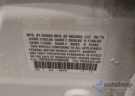 2015 Honda Civic Ex z USA, uszkodzony, nr VIN 19XFB2F81FE084598